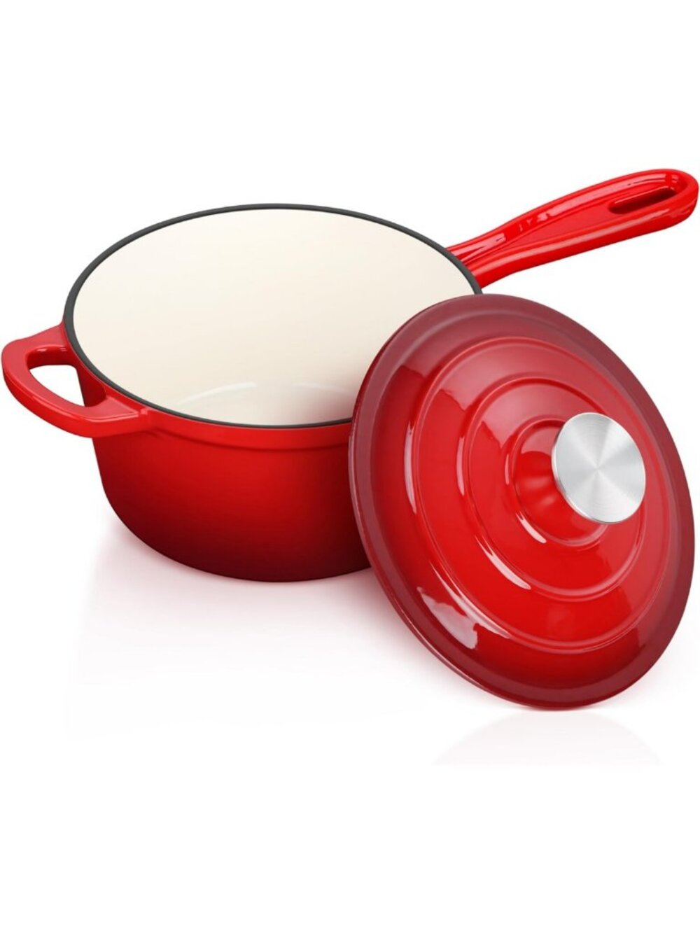 Red Enamel Dutch Oven Pot - 2 Quart Cast Iron Saucepan with Lid, Kitchen